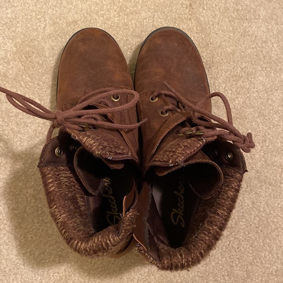Skechers Dome Brown Combat Boots Size 9.5 Sweater Cuff Faux Leather - Picture 7 of 10